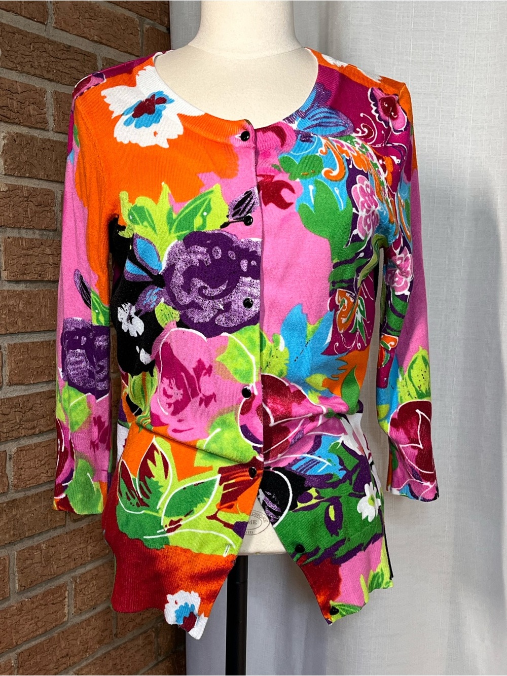RED Colorful Floral Cardigan Sweater 3/4 Sleeve Art To Wear Knit Size L